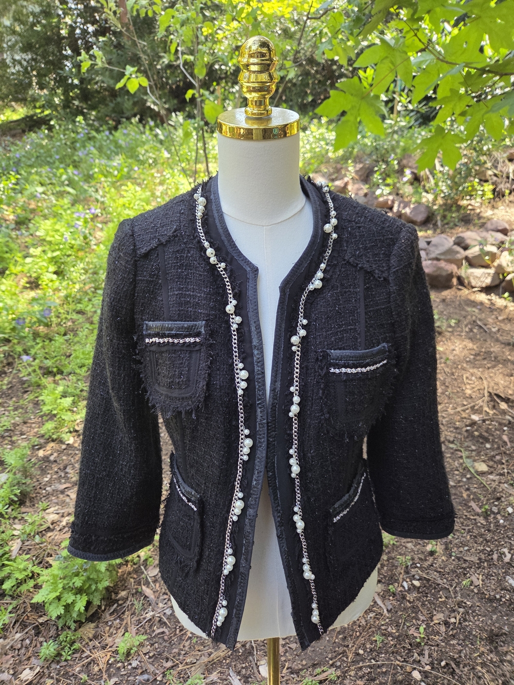 White‎ House Black Market Black Tweed Pearl Trim Jacket Size 6